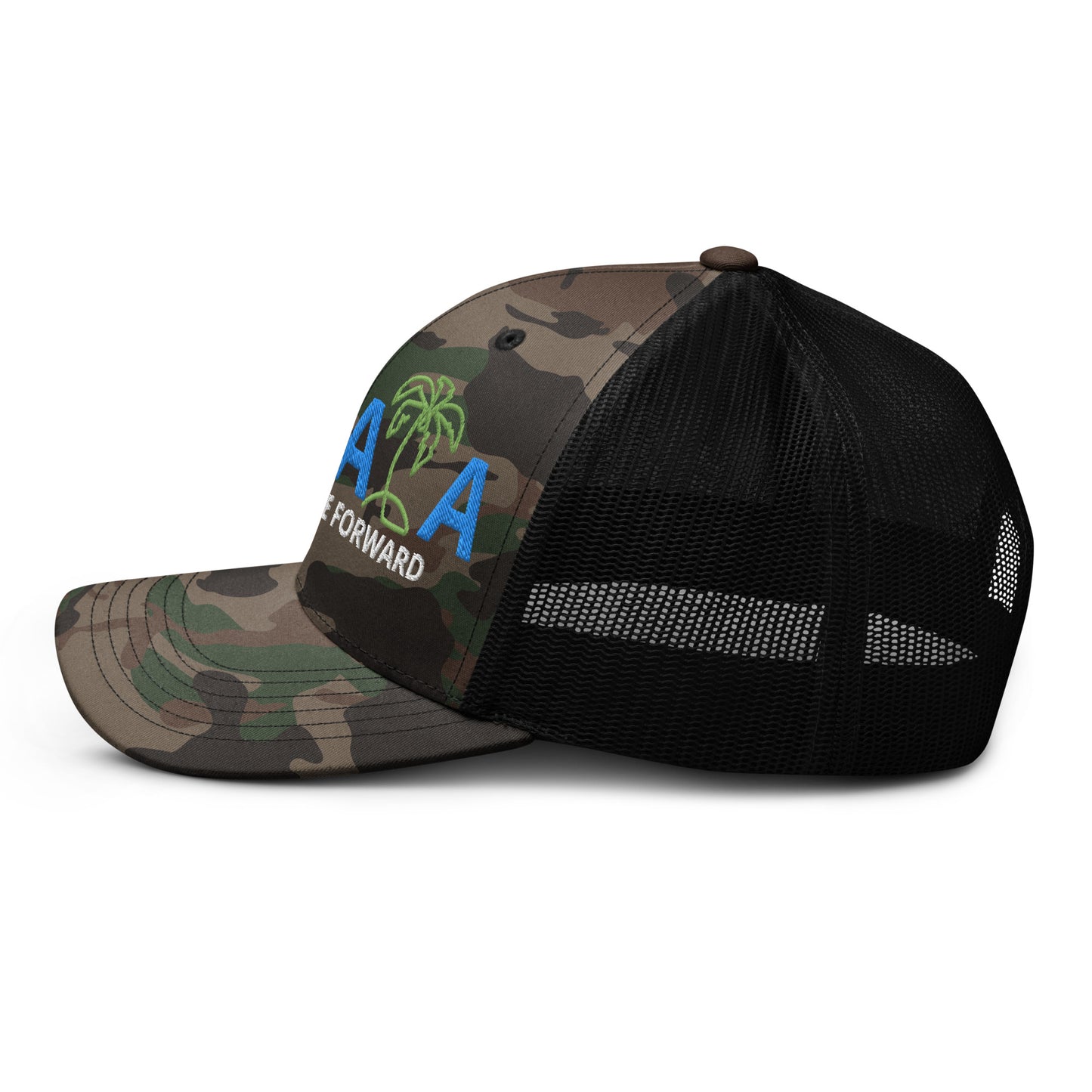 KAMALA CAMO COCONUT TREE trucker hat