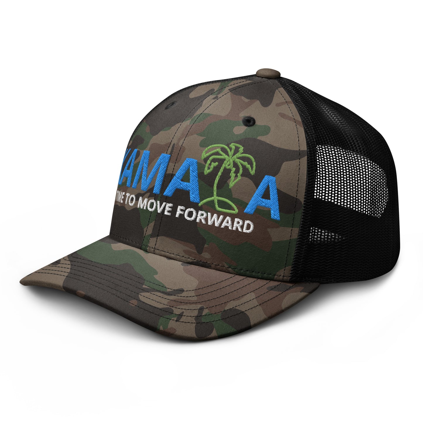 KAMALA CAMO COCONUT TREE trucker hat