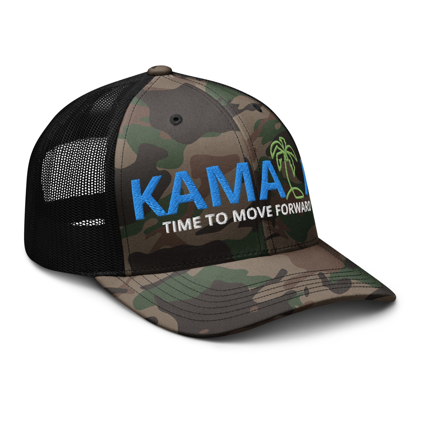 KAMALA CAMO COCONUT TREE trucker hat